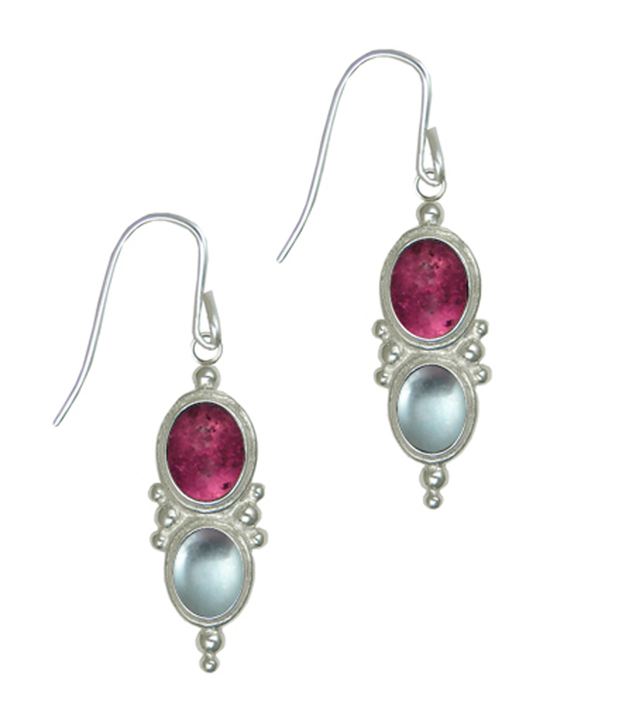 Sterling Silver Drop Dangle Earrings With Pink Tourmaline And Blue Topaz